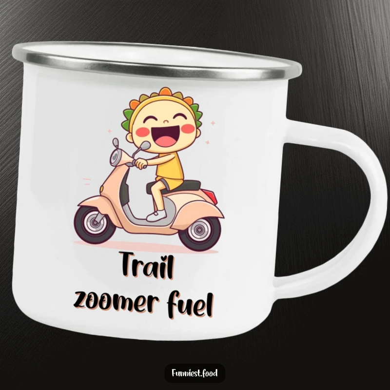 Funny camping mug with a laughing taco character riding a scooter with exaggerated speed lines.