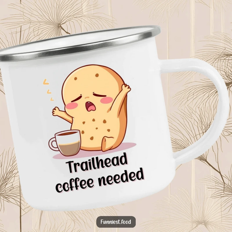 Funny Bagel Camping Mug: A durable mug featuring a sleepy bagel character yawning with a coffee cup, ready for outdoor mornings.