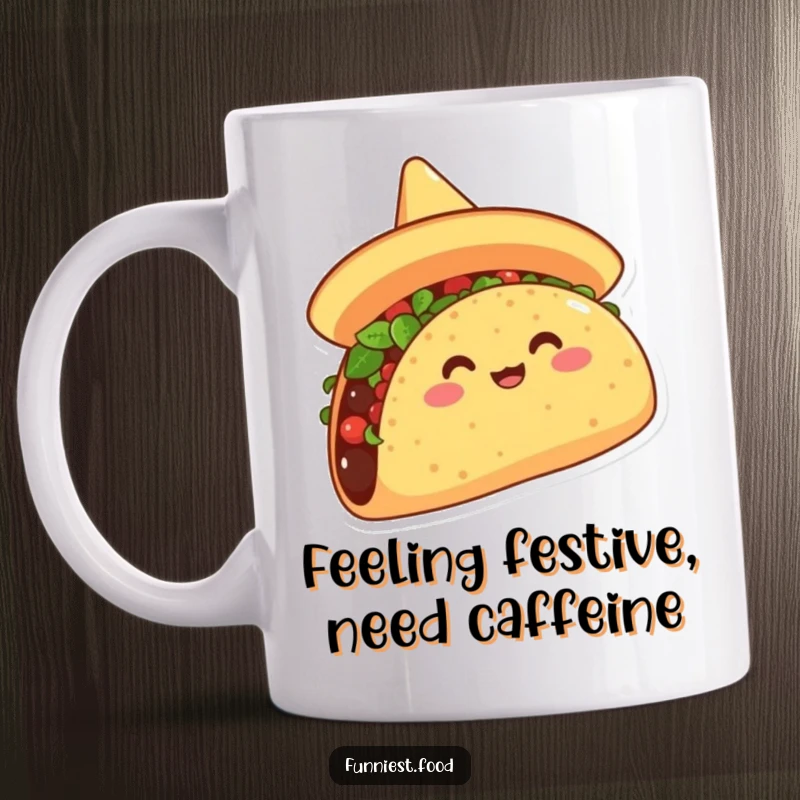 Funny coffee mug featuring an overjoyed cartoon taco wearing a sombrero, tipping it with pure delight, perfect for a humorous gift.