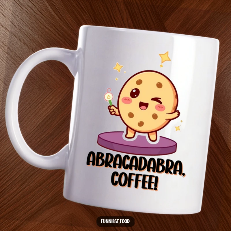 Funny Mug: A winking cookie character pulls a rabbit from a hat, performing a delightful magic trick.