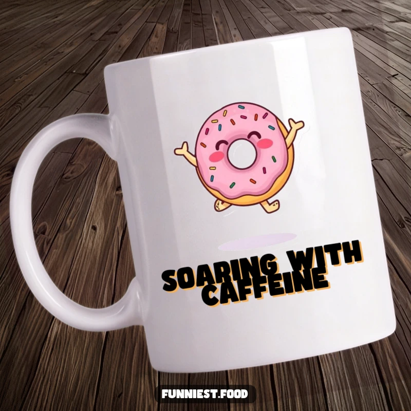 Funny Mug showcasing a jumping donut character with sprinkles energetically dancing, radiating pure happiness and playful energy.