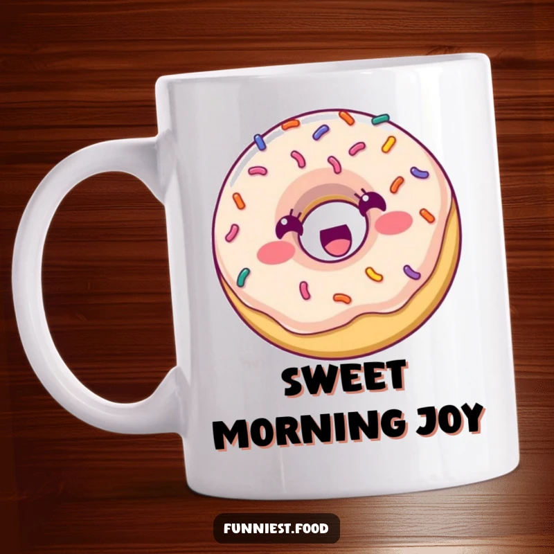 Funny Mug: A delightful donut with colorful sprinkles is joyfully bouncing with excitement, radiating pure happiness and sweetness.