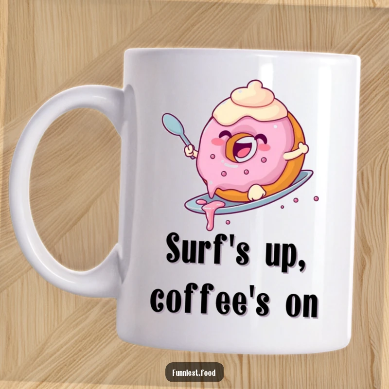 Funny donut mug featuring a joyful donut with dripping frosting surfing a spoon, excellent for a fun gift.
