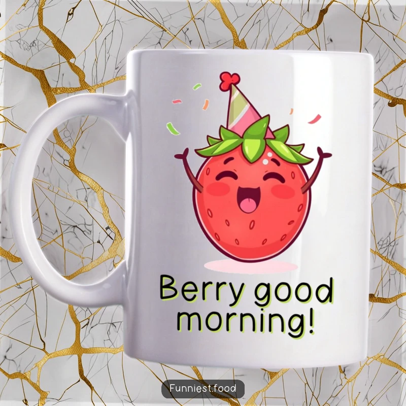 Funny mug featuring an excited strawberry wearing a party hat, cheering with tiny streamers, bringing joy and humor.