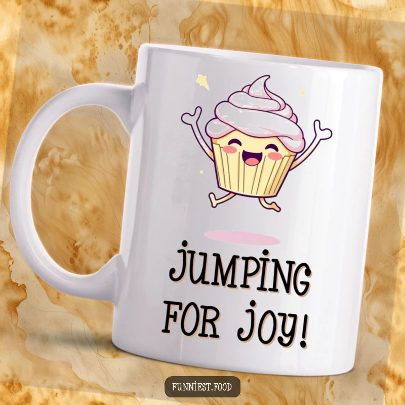 Funny joyful cupcake character in mid-air, celebrating with a jump, conveying pure happiness on a mug.