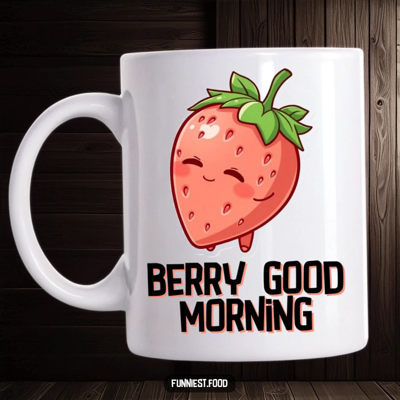 Funny Mug: A cheerful strawberry character with a leafy hat tips it playfully and winks, exuding charm and merriment.
