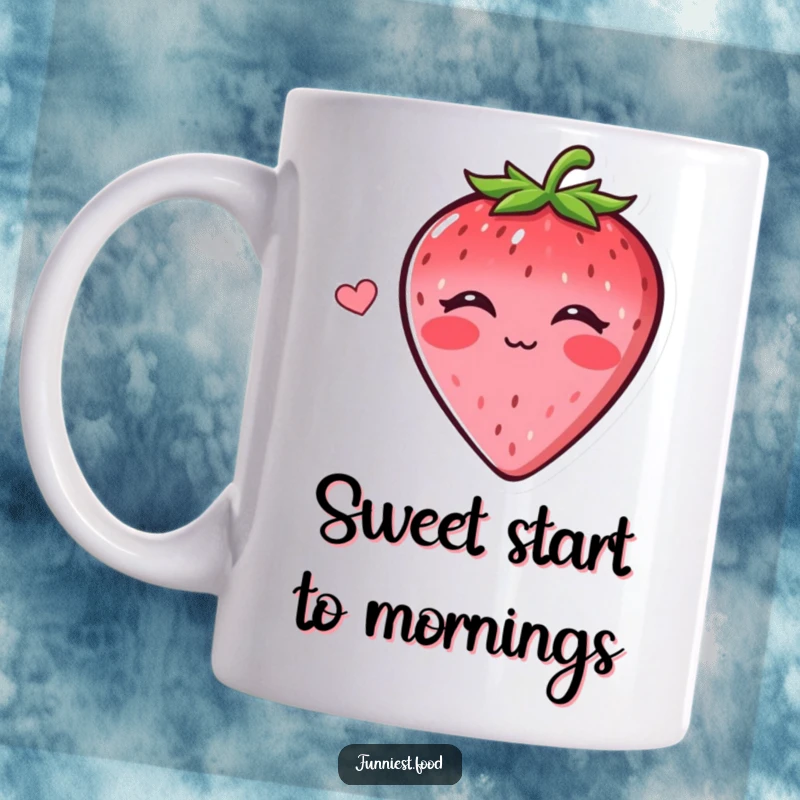 Funny mug featuring a cheerful cartoon strawberry blowing a kiss with a sweet, humorous expression, a delightful gift for loved ones.