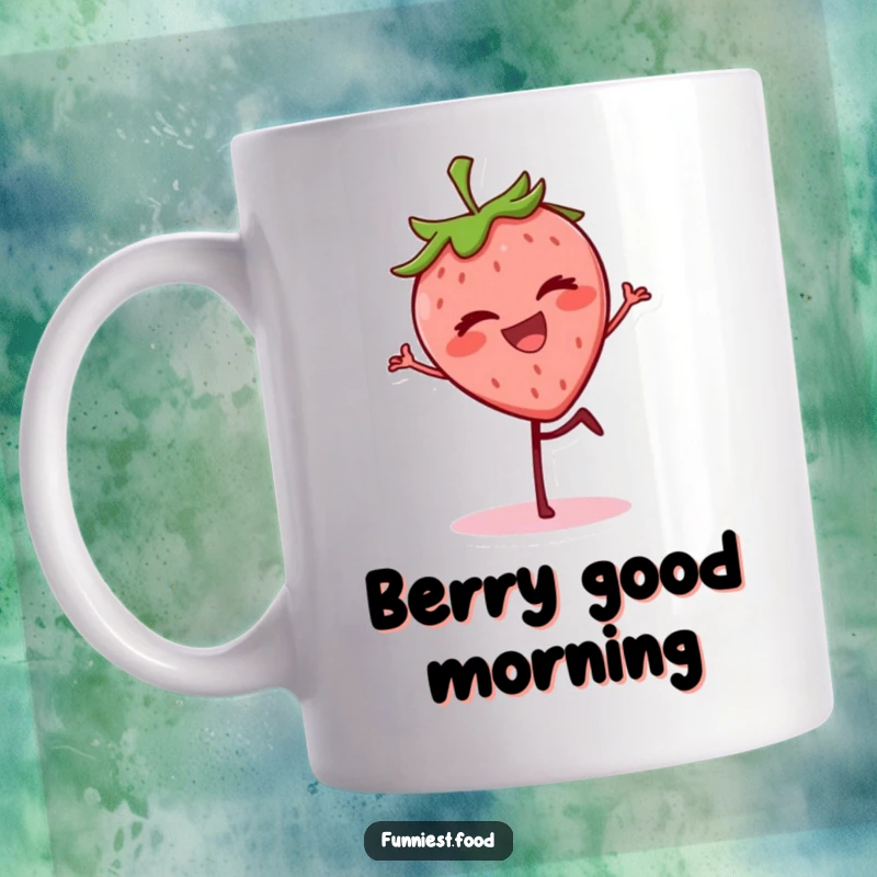 Funny grinning strawberry with one leg up, winking on a mug, a playful and humorous character.