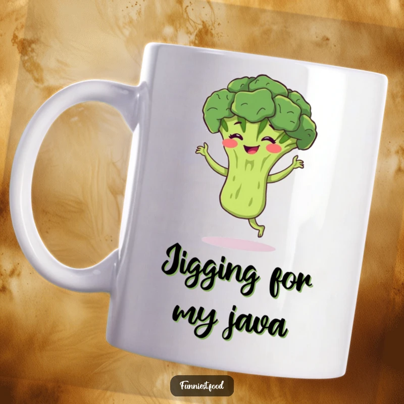 Funny broccoli mug featuring a bouncing broccoli performing a silly jig with a grin, excellent for a healthy, fun gift.