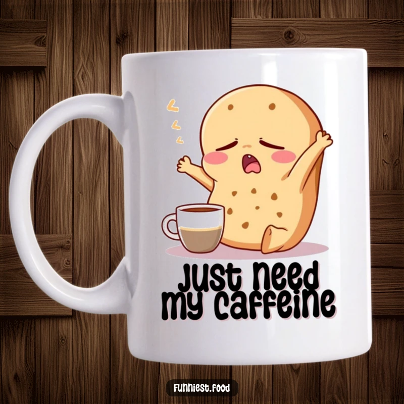 Funny Bagel Mug: A sleepy bagel character yawns and stretches near a coffee cup, embodying the struggle of waking up.