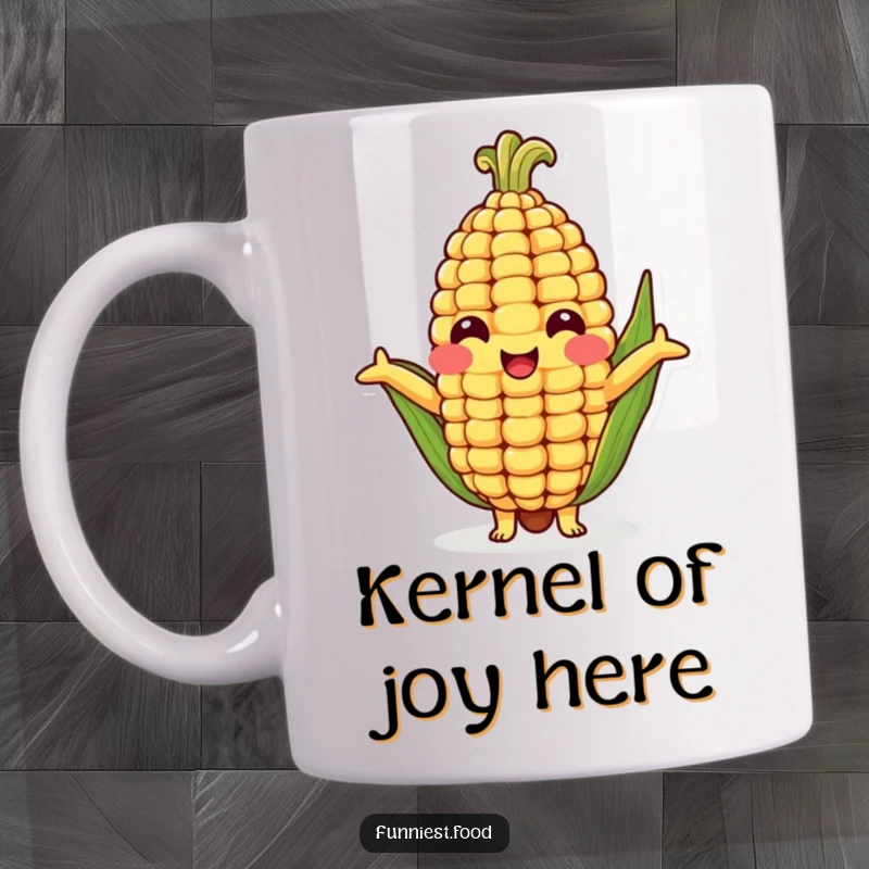 Funny mug featuring a cheerful corn cob character with outstretched arms, eagerly offering a warm, veggie-powered hug.