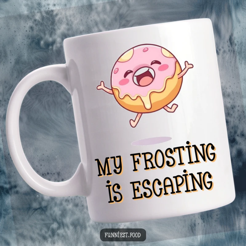 Funny donut mug with dripping frosting mid-leap, showcasing pure, unadulterated joy and a love for sweet treats.