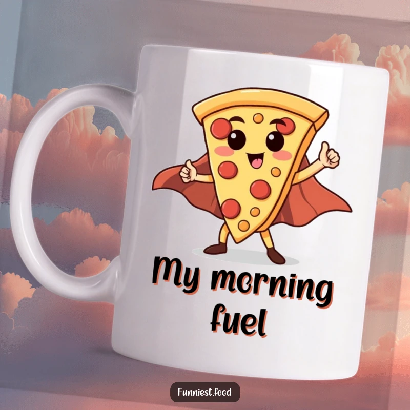 Funny Hero Pizza Slice Mug: A triumphant pizza slice with a red cape strikes a heroic pose, ready for adventure.