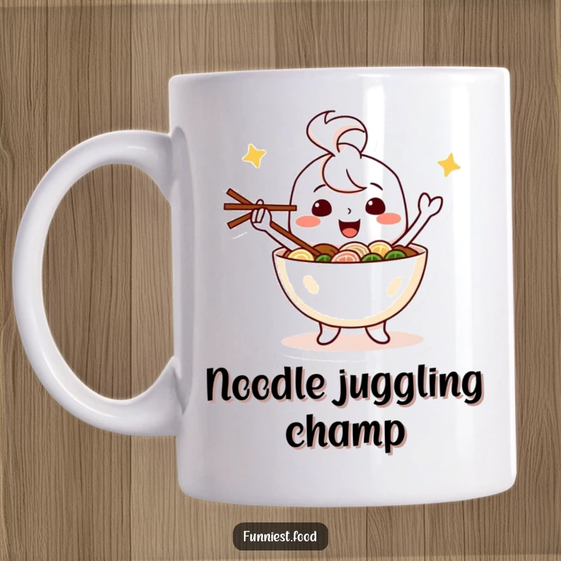 Funny happy ramen bowl character cheerfully juggling chopsticks, conveying joy and culinary skill on a mug.