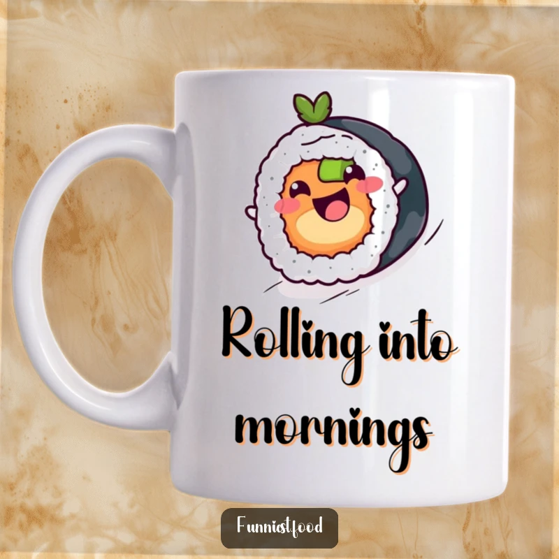 Funny sushi roll character with a joyful expression, rolling downhill on a mug, a hilarious and happy design.