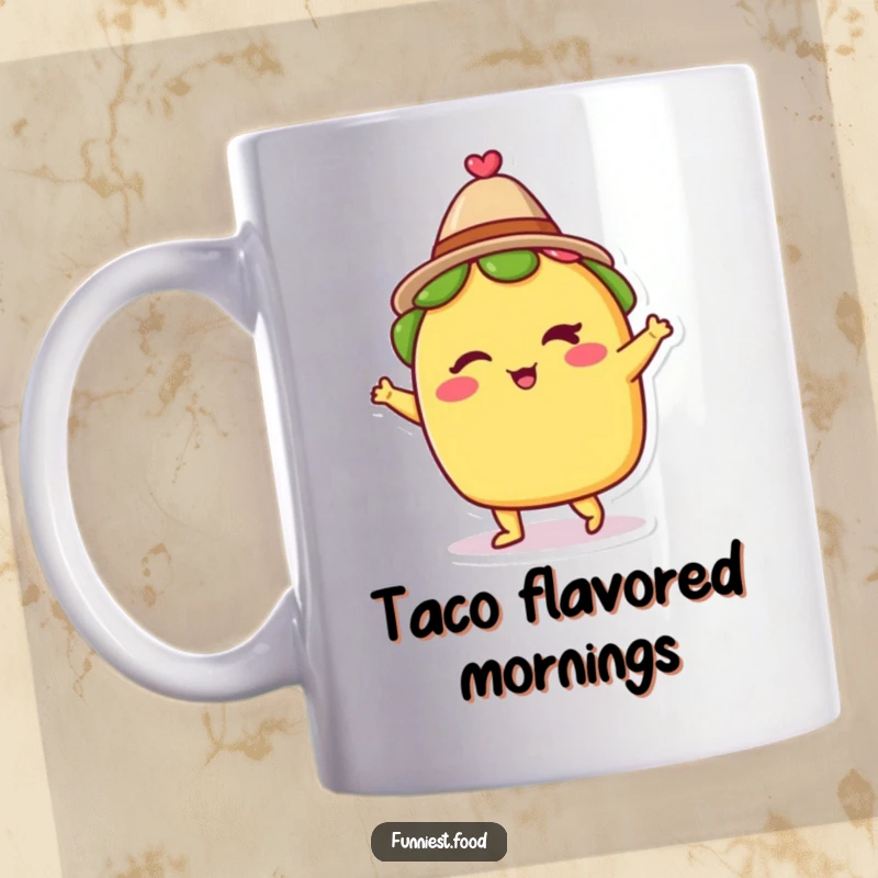 Funny mug showing a winking taco wearing a tiny hat and dancing joyfully, exuding a festive and delicious personality.