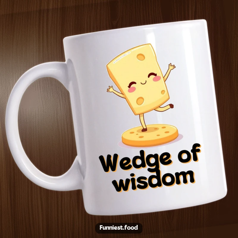 Funny mug showing a winking cheese wedge performing a graceful pirouette on a cracker, showcasing culinary ballet humor.