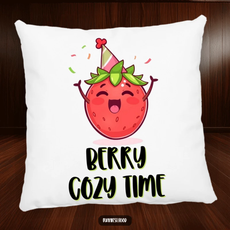Funny pillow featuring an excited strawberry in a party hat, joyfully cheering with streamers, perfect for cozy, humorous settings.