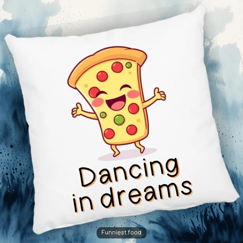 Funny Pillow: A laughing pizza slice character doing a silly dance, offering cartoonish comfort and party vibes.