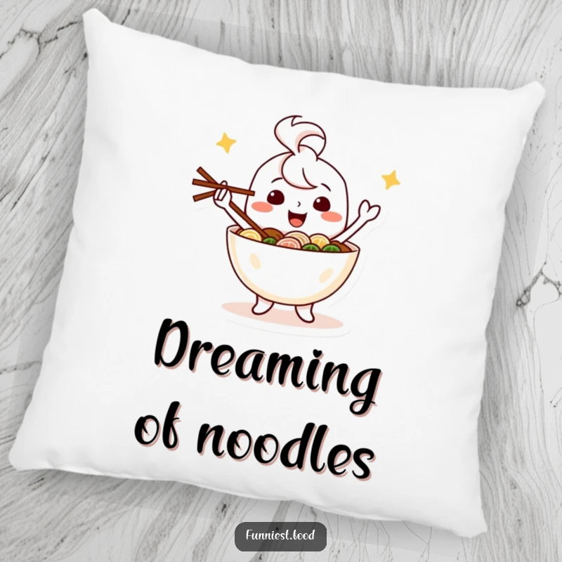Funny decorative pillow with a happy ramen bowl character juggling chopsticks, offering comfort and a cheerful vibe.