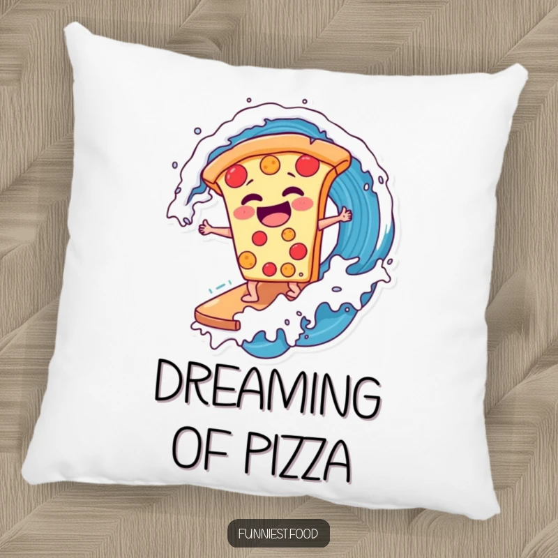 Funny laughing pizza slice surfing a soda wave on a plush pillow, offering comfort and quirky humor, a perfect funny gift.