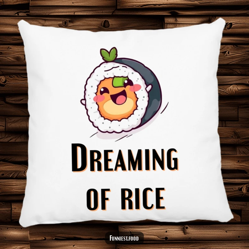 Funny sushi roll with a happy face, rolling downhill on a plush pillow, a soft and humorous decorative item.