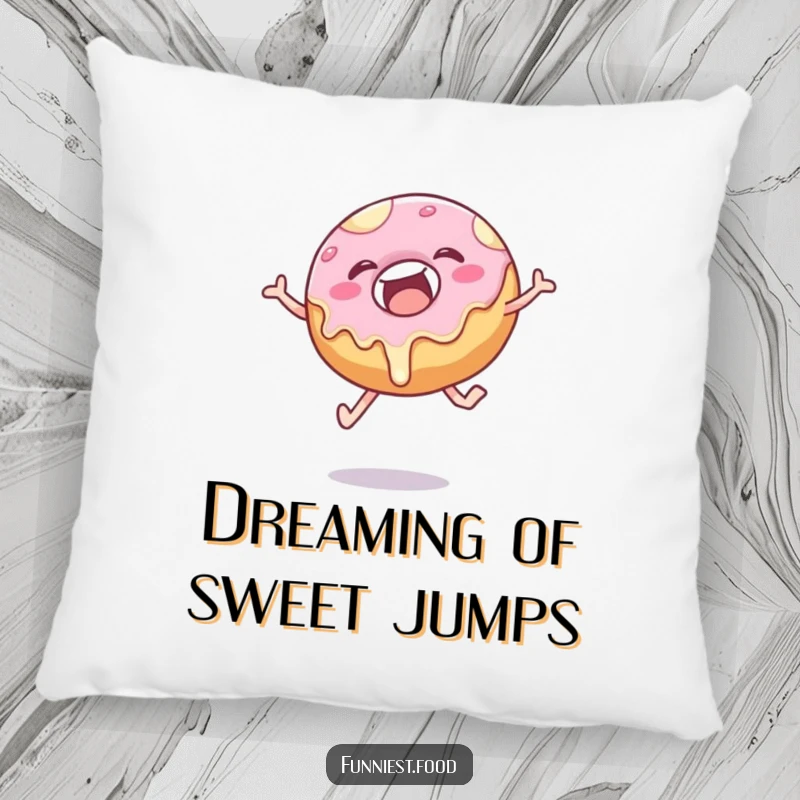 Funny donut pillow depicting a happy, frosting-dripping pastry in a whimsical, energetic leap, ideal for decoration.
