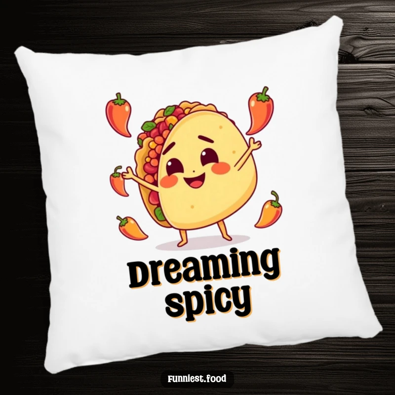 Funny Pillow: A determined taco character happily juggles tiny peppers, bringing a soft and humorous touch to your relaxation.