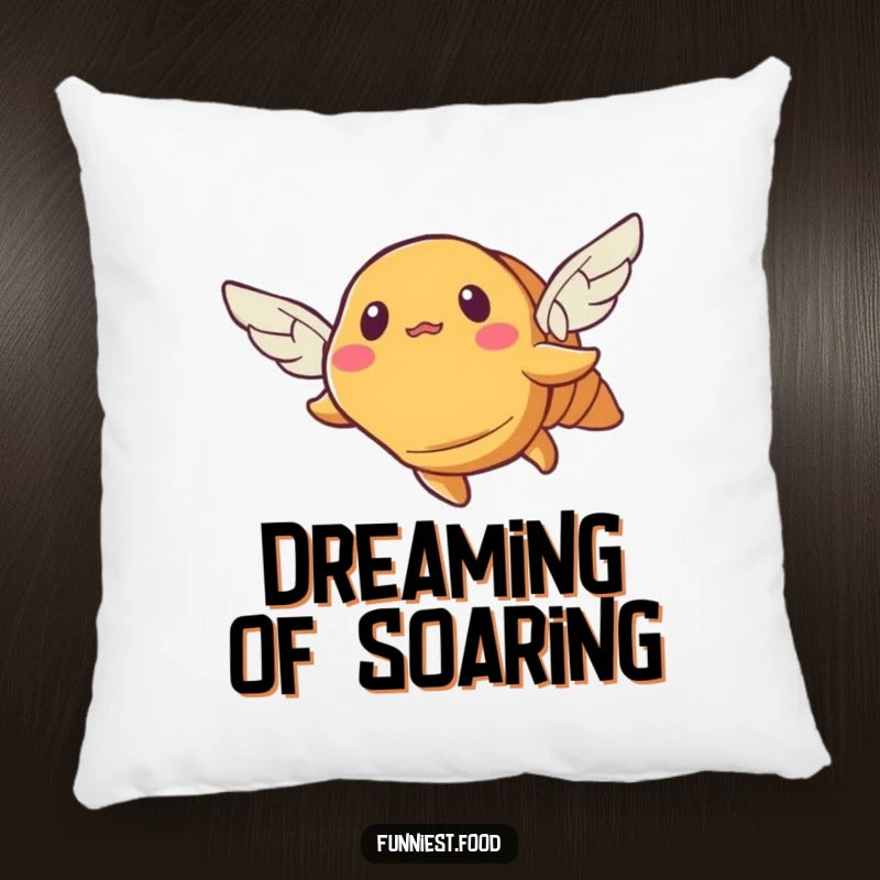 Funny croissant pillow, a bewildered pastry with small wings trying to fly, soft and humorous decorative item.