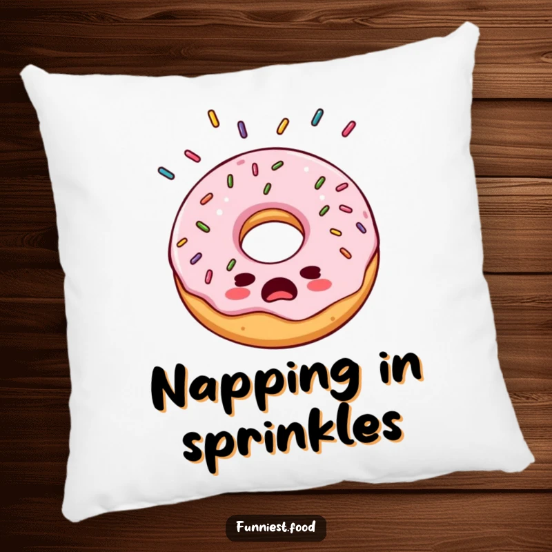 Funny bewildered donut pillow, looking surprised by a shower of sprinkles, providing humorous comfort and sweet charm.