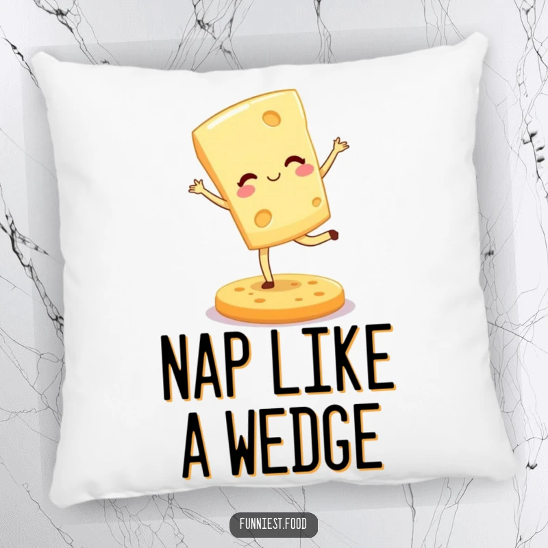Funny pillow showcasing a winking cheese wedge doing a pirouette on a cracker, offering soft, humorous comfort.