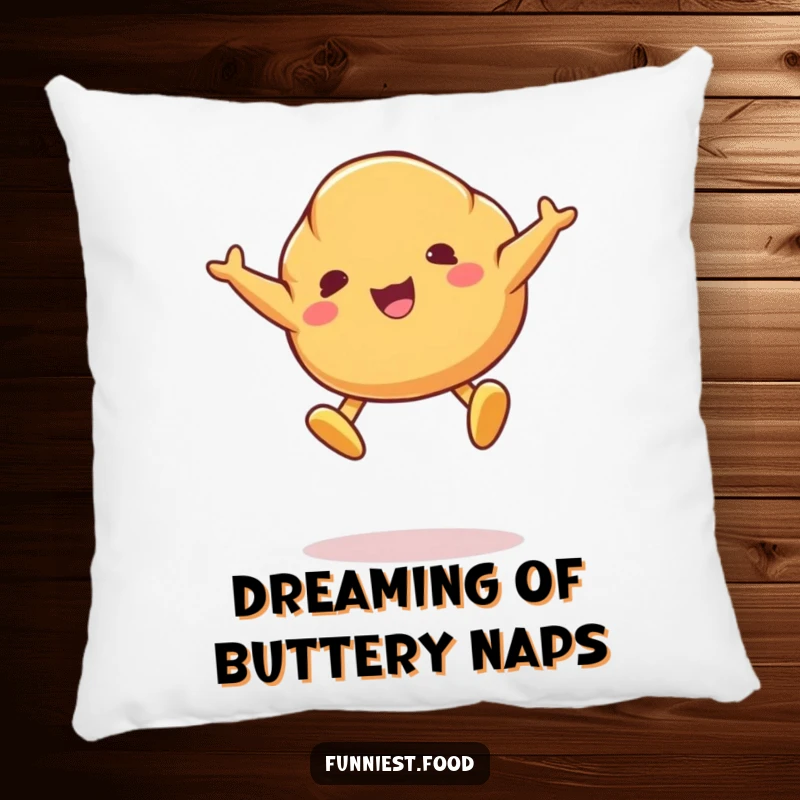 Funny pillow featuring a soft croissant character mid-jump with butter pat feet, offering cuddly humor and a playful touch.