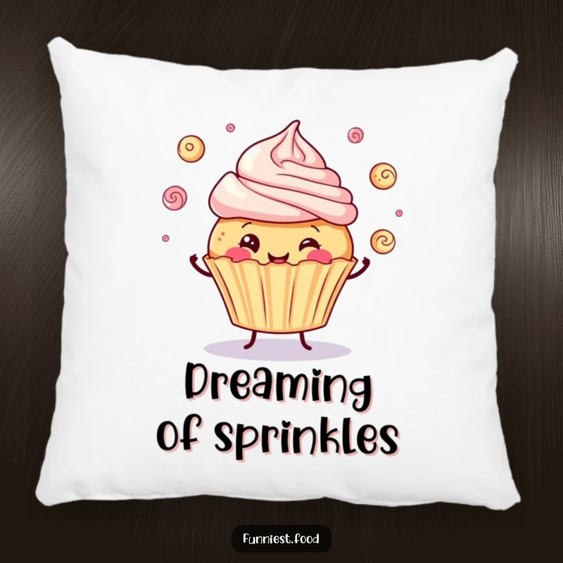 Funny pillow depicting a happy cupcake character juggling frosting swirls, offering comfort and a splash of sweet humor.