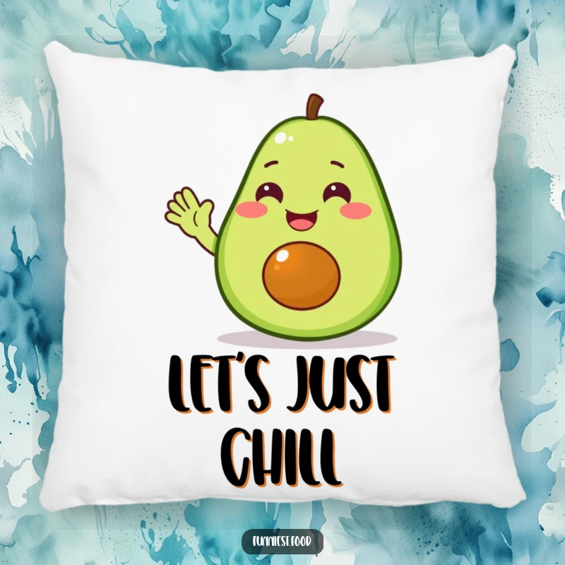 Funny avocado pillow featuring a delighted avocado character waving hello, offering soft comfort and cheerful humor.