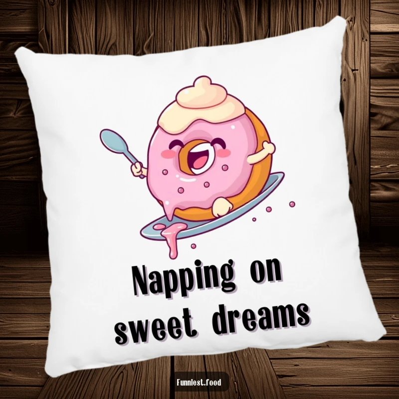 Funny donut pillow featuring a joyful donut with dripping frosting surfing a spoon, offering sweet comfort and a fun gift.
