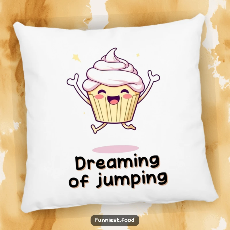 Funny decorative pillow with a joyful cupcake character doing a celebratory jump, offering comfort and a cheerful vibe.