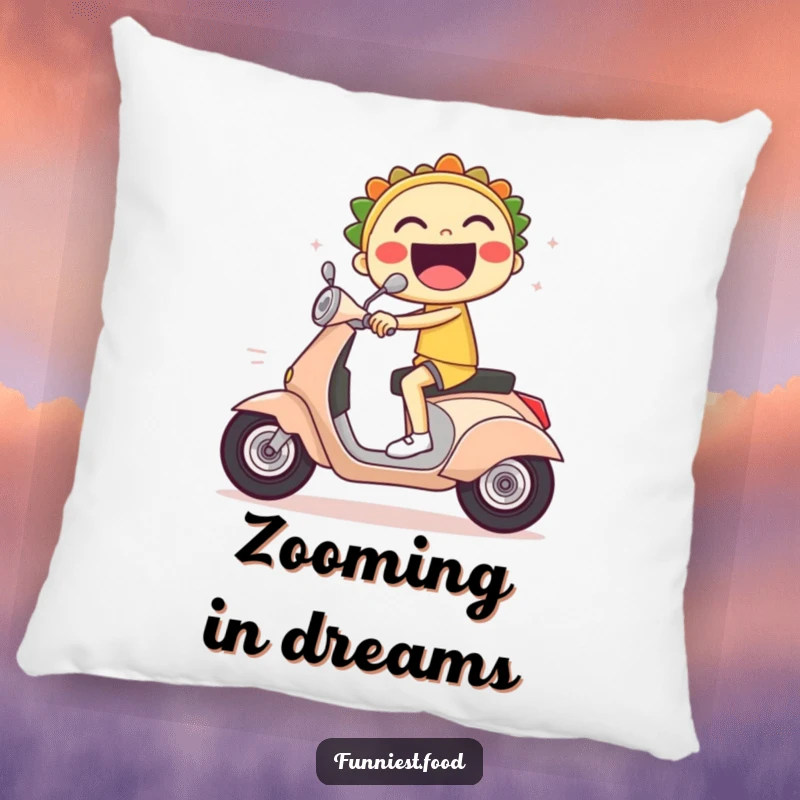 Funny pillow with a laughing taco character riding a scooter with dramatic speed lines.