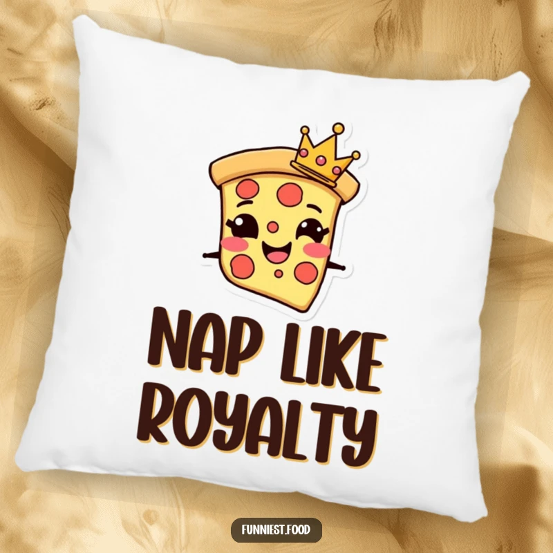 Funny Pillow with a grinning pizza slice character wearing a tiny crown, offering cozy comfort and cheesy charm.