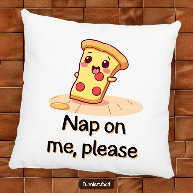 Funny Pillow shaped like a giggling pizza slice sliding on a floor, offering comfort and a humorous, appetizing touch.