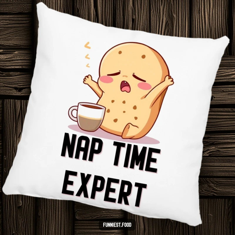 Funny Bagel Pillow: A soft pillow featuring a sleepy bagel character yawning and stretching with a coffee cup nearby.