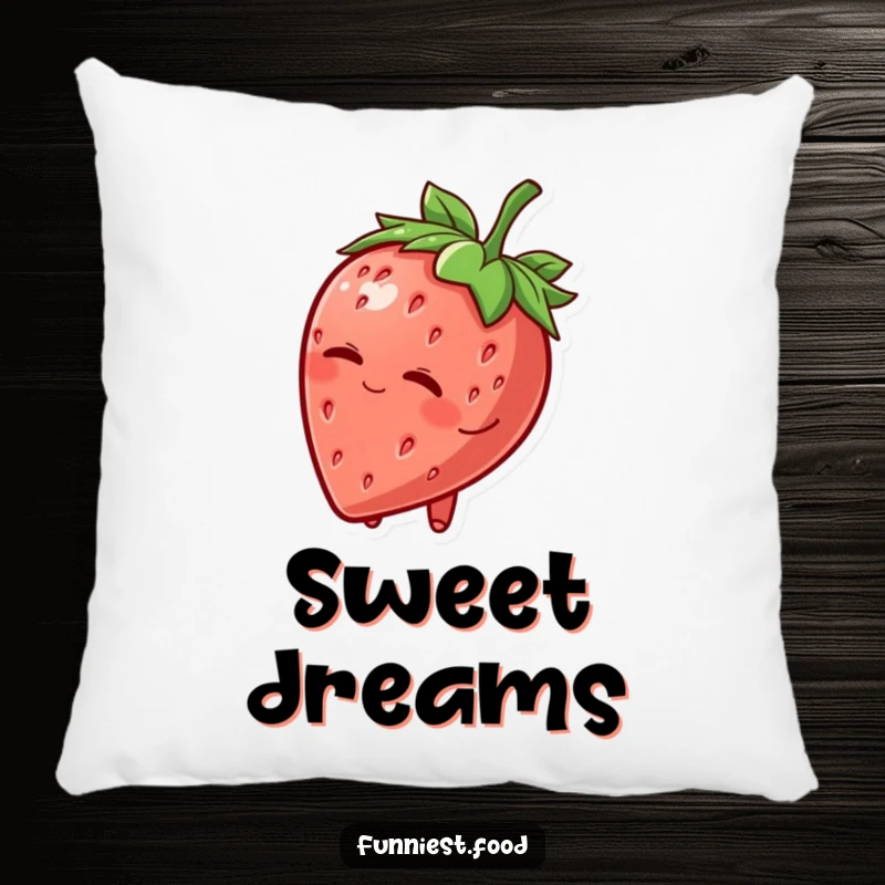 Funny Pillow: A cheerful strawberry character tipping its leafy hat and winking brings soft, charming humor and comfort to any room.
