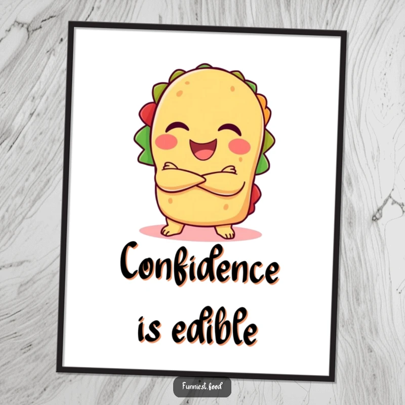 Funny taco art with crossed arms, laughing character, printable wall decor, humorous and bold.