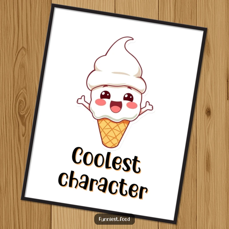 Funny Digital Art Print of an excited ice cream cone character wearing a cone hat, perfect for instant wall art.