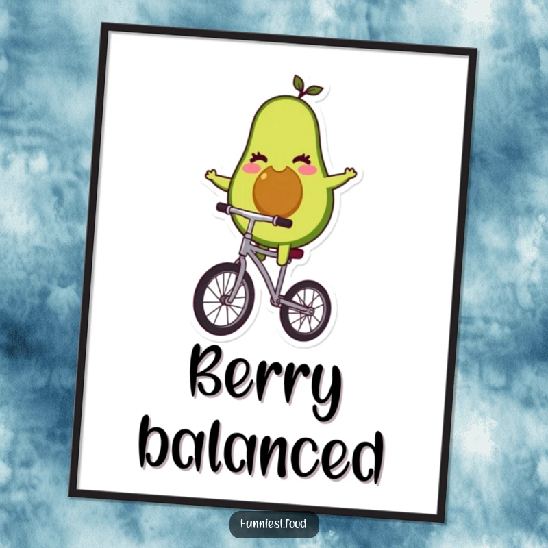 Funny winking avocado character balancing precariously on a unicycle on a digital art print.