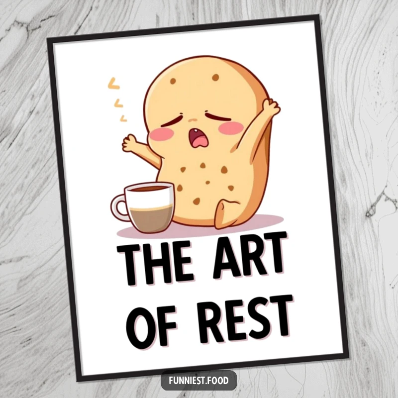 Funny Bagel Digital Art: Printable art of a sleepy bagel character yawning with a coffee cup, perfect for humorous morning decor.