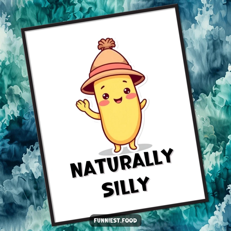 Funny Banana Digital Art: A playful banana character wearing a hat waves hello, perfect for adding whimsical decor.