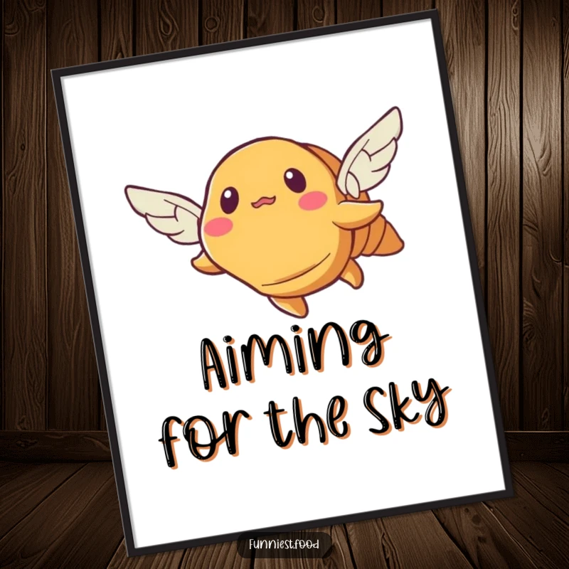 Funny croissant digital art print, a bewildered pastry with tiny wings attempting flight, whimsical and humorous.