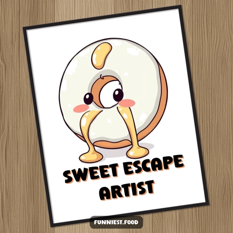 Funny digital art print of a blushing donut character escaping syrup, ready for instant download and display.