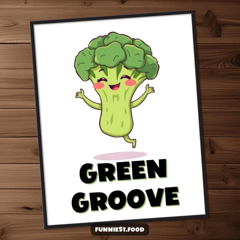 Funny broccoli digital art print of a bouncing broccoli performing a silly jig with a grin, perfect for instant wall decor and a fun gift.