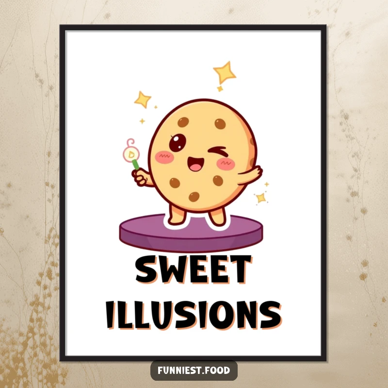 Funny Digital Art Print: A winking cookie character skillfully performs a magic trick, ready for instant download and printing.